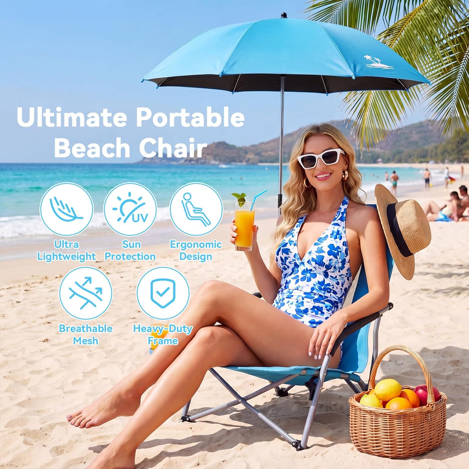 AUCT 14085 - Folding Beach Chair for Adults with UPF 50+ Umbrella, Lightw - Image 3