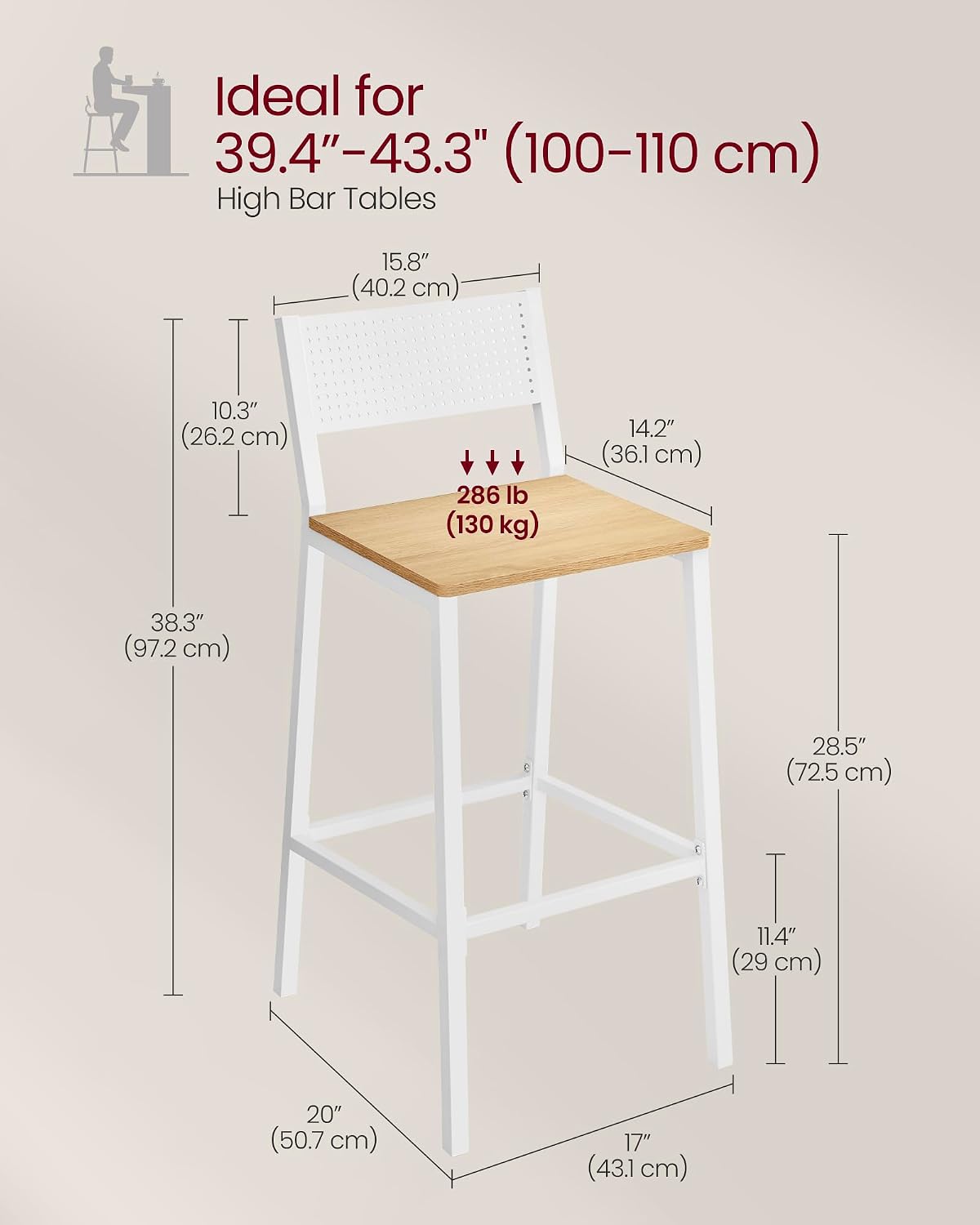 AUCT 16404 - VASAGLE Bar Stool Set of 2, Bar Chairs for Kitchen, Dining Room, Industrial, Oak Beige and - Image 3