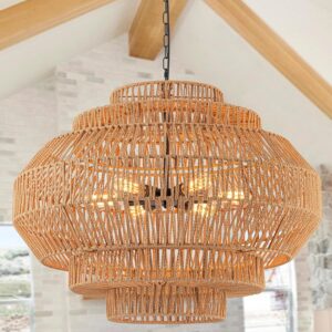 AUCT 14850 - $300 Large Rattan Chandelier Boho Pendant Light Fixture Dinn