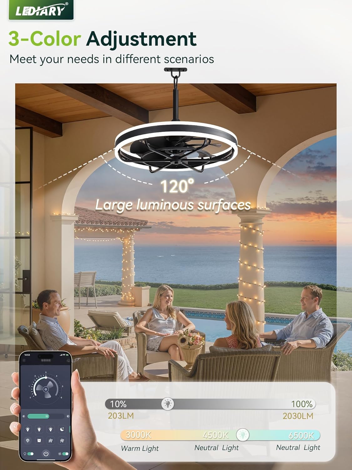 AUCT 16954 - $146 LEDIARY 24" Outdoor Ceiling Fans with Light, IP65 Waterproof Gazebo Fan | Outdoor Fan - Image 3