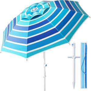 AUCT 15590 - $78 8FT. Large Beach Umbrella with Heavy Duty Sand Anchor & Tilt Sun Shelter, UPF50+ UV Pr