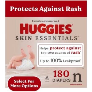 AUCT 16838 - $65 Huggies Skin Essentials Baby Diapers, Size Newborn (6-9 lbs), 180 Count (Select for Mo