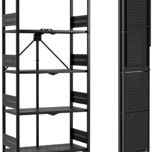 AUCT 16312 - $106 WORKPRO 5-Tier Folding Shelf, No-Assembly Metal Storage Rack with Wheels, 750 lbs Cap