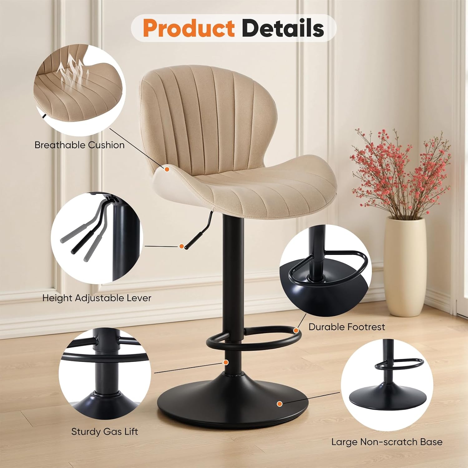 AUCT 17292 - $90 Sweetcrispy Bar Stools Set of 2, Swivel Adjustable Height Fabric Bar Chair | Barstools - Image 3