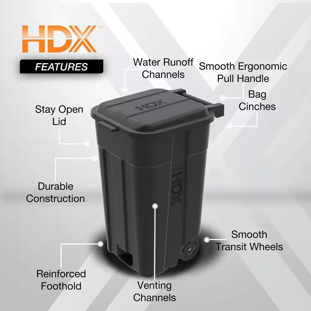 AUCT 15456 - 45 Gal. Black Outdoor Vented Trash Can with Wheels, Attached Lid - Image 2