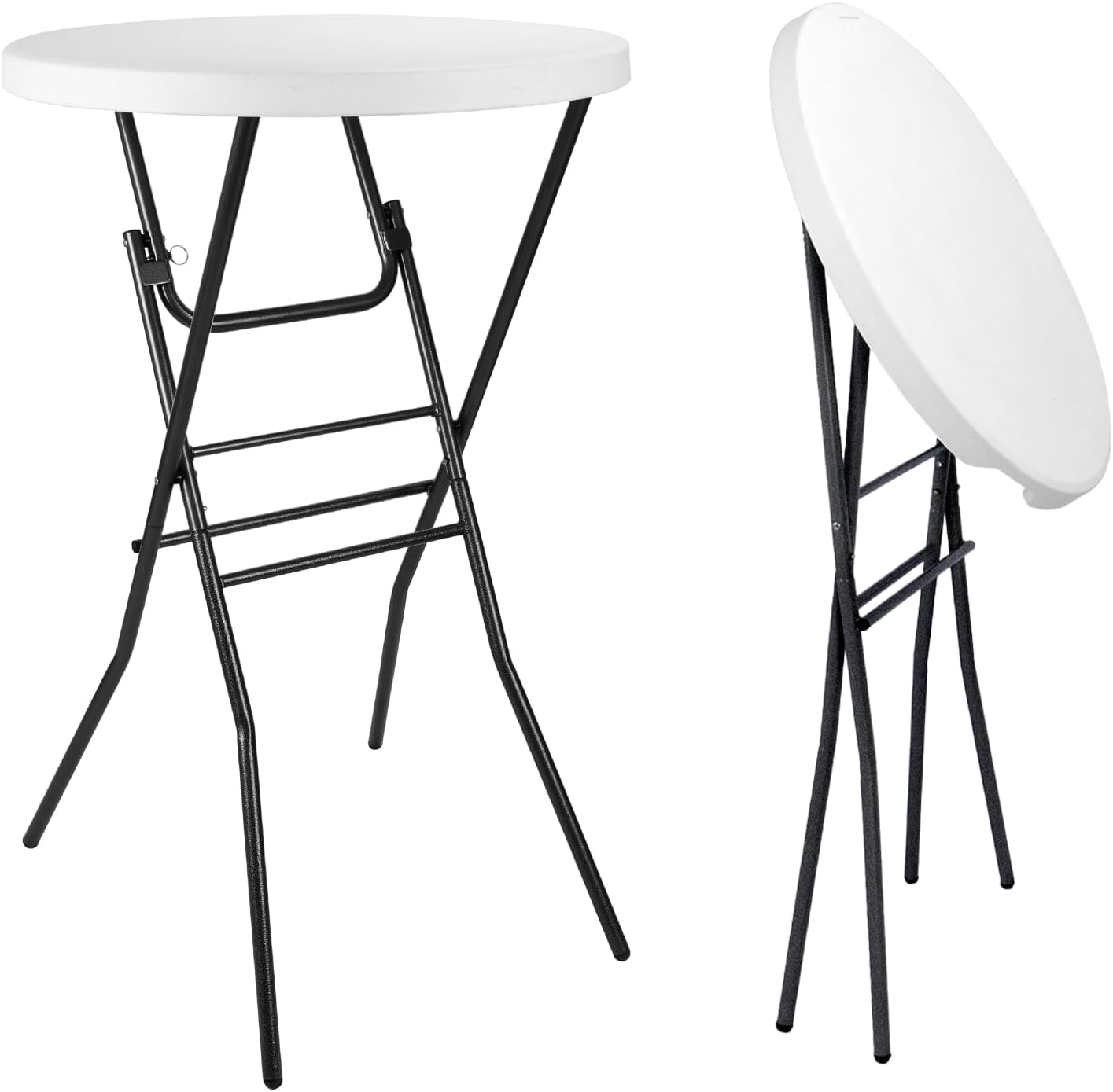 AUCT 16605 - $75 pollilar Cocktail Table 28in Portable Folding Bar Height Table, Compact Round High Top