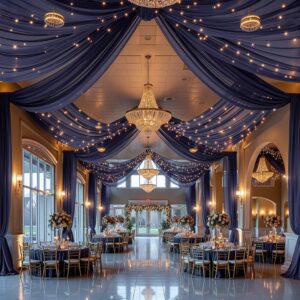 AUCT 14494 - $131 6 Panels Navy Blue Ceiling Drapes with Lights for Weddi