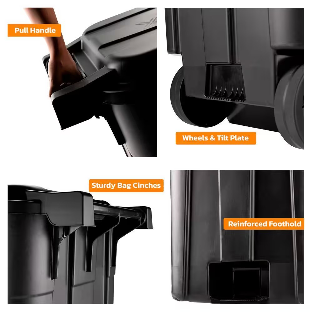 AUCT 15456 - 45 Gal. Black Outdoor Vented Trash Can with Wheels, Attached Lid - Image 4
