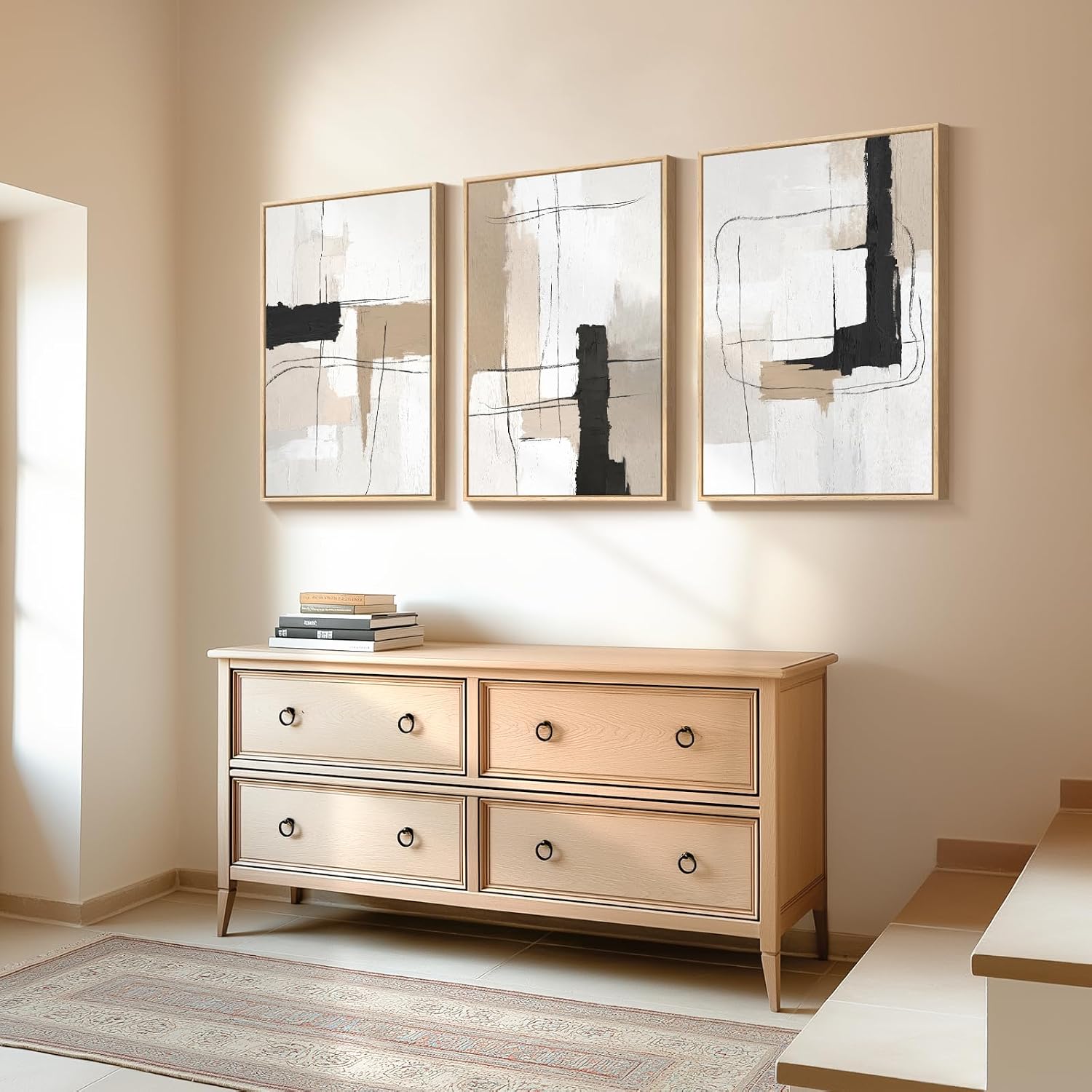 AUCT 16110 - $80 Framed Neutral Abstract Wall Art Set of 3, Modern Black and White Beige Canvas Prints - Image 4