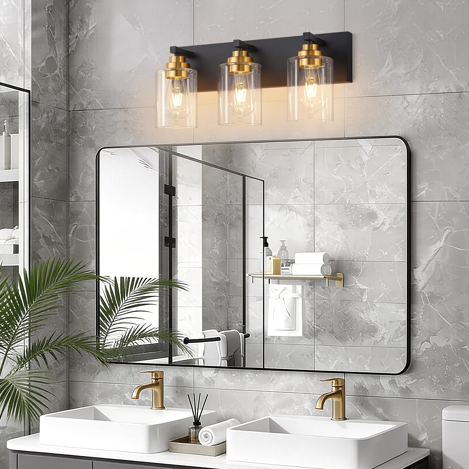 AUCT 14410 - $56 Vanity Lights for Bathroom, 3-Light Black and Gold Bathr - Image 4