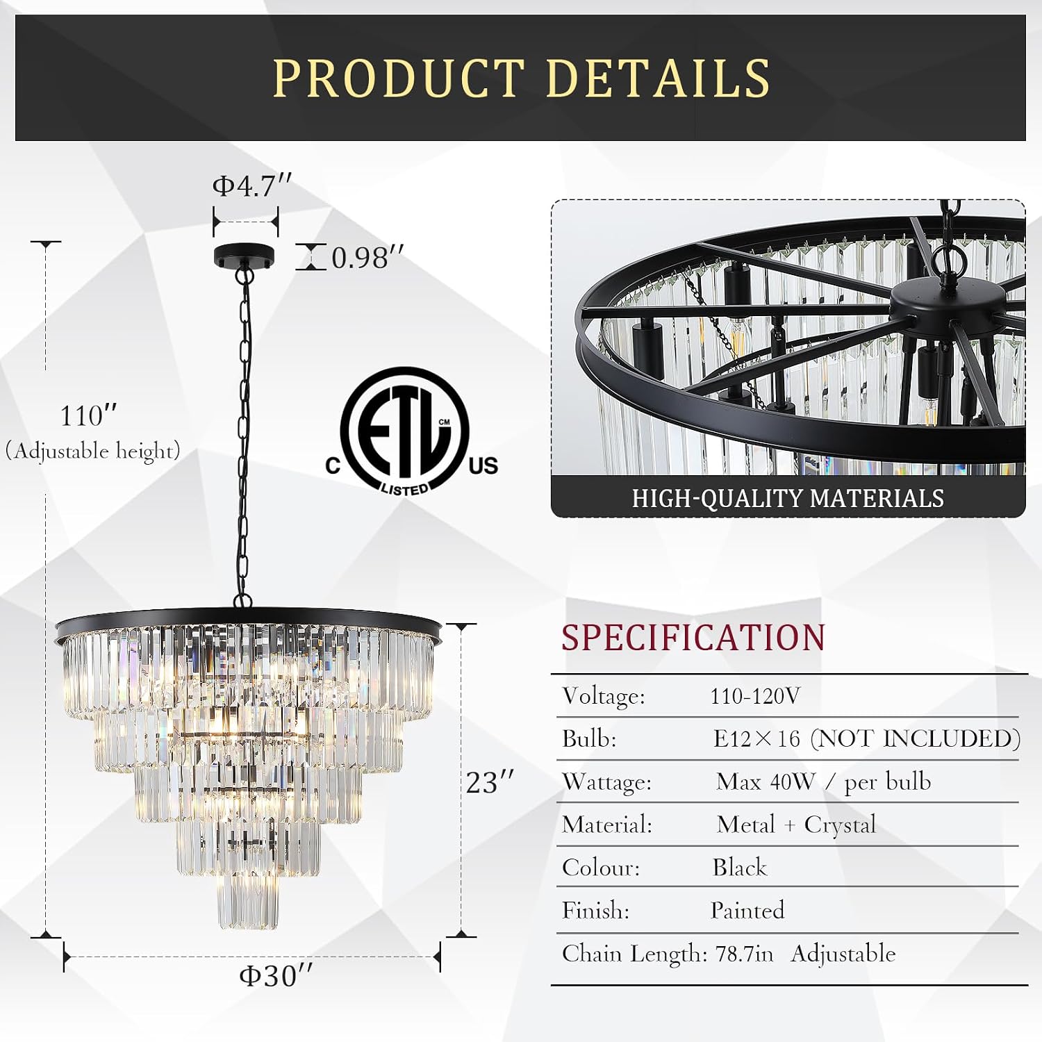 AUCT 14724 - $360 Large Black Crystal Chandeliers 30" Modern Chandelier f - Image 2
