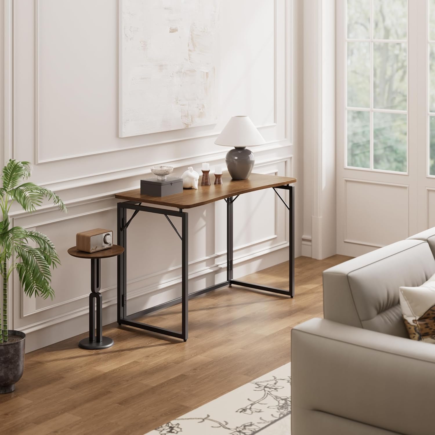 AUCT 15237 - $106 JOYMOOP 40" Folding Desk - Brown, No Assembly Middle Size Foldable Desk for Home, Off - Image 4