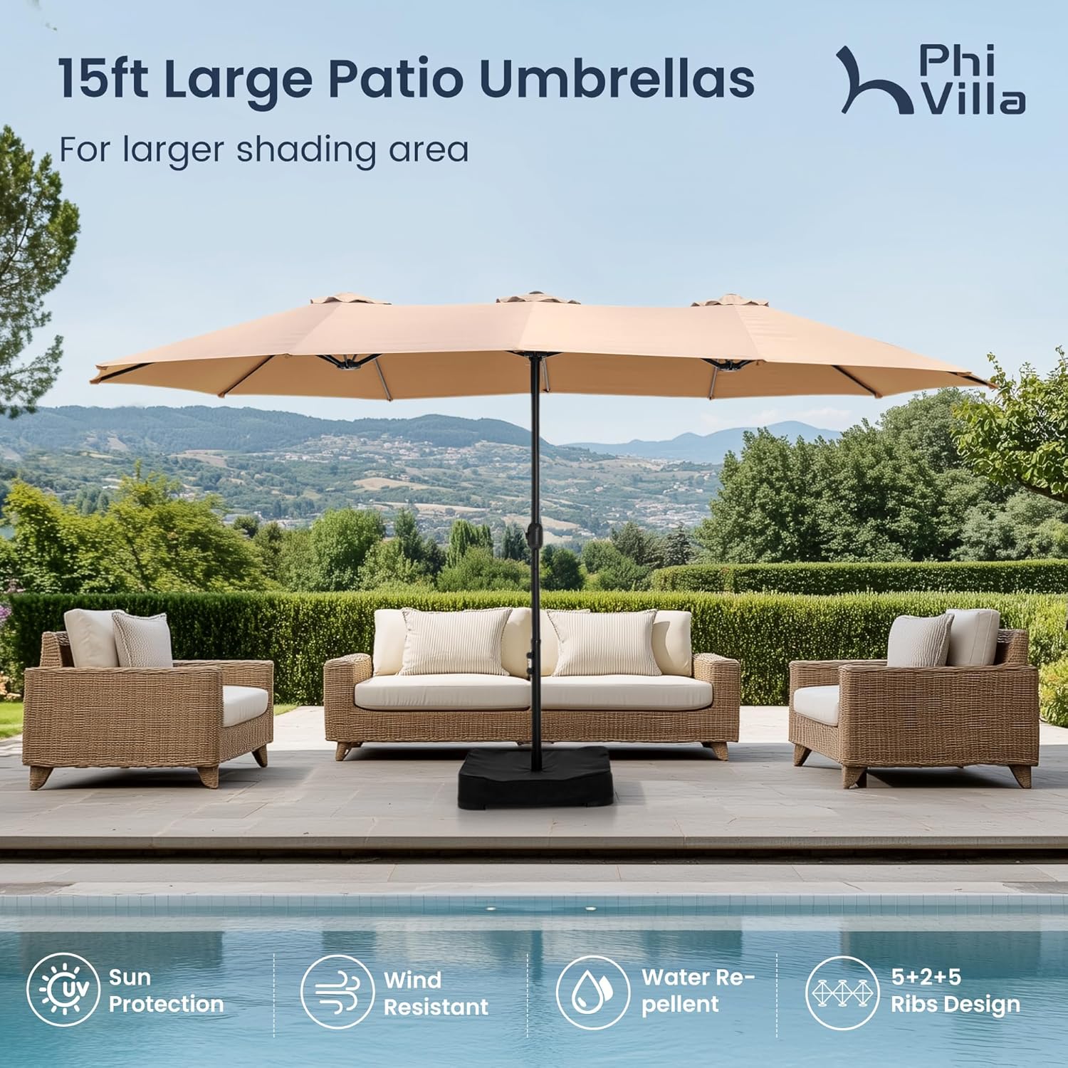 AUCT 14641 - $140 PHI VILLA 15ft Large Patio Umbrellas with Base Included - Image 2