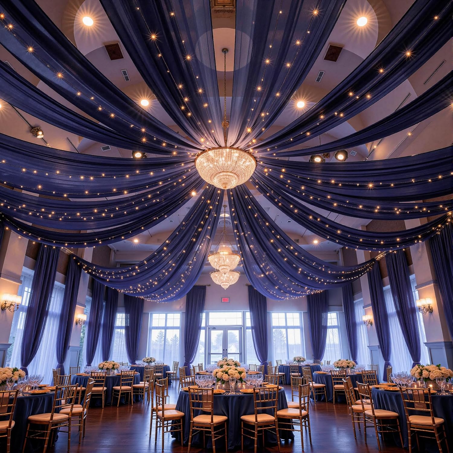 AUCT 14494 - $131 6 Panels Navy Blue Ceiling Drapes with Lights for Weddi - Image 2