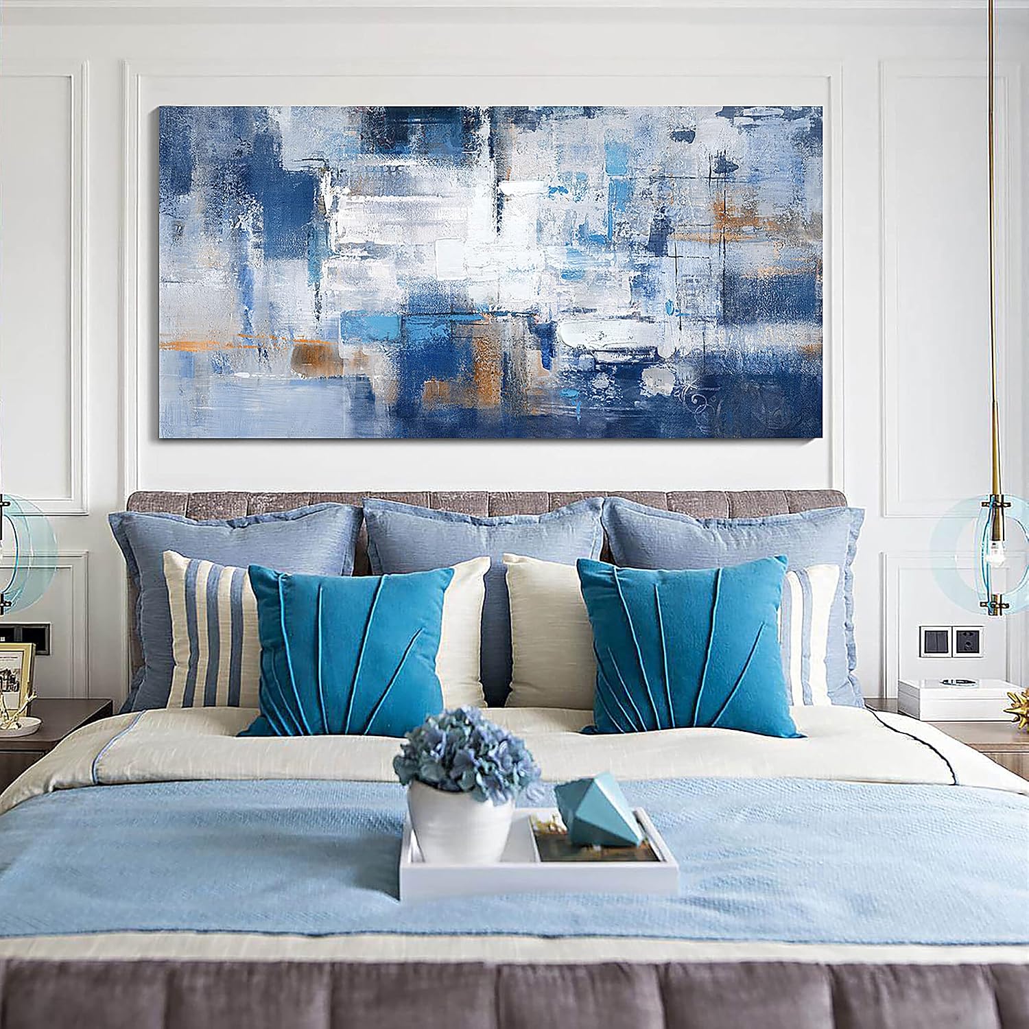AUCT 16453 - $70 KLAKLA Navy Blue Wall Art - Modern Abstract Canvas Blue and White Picture Artwork for - Image 4