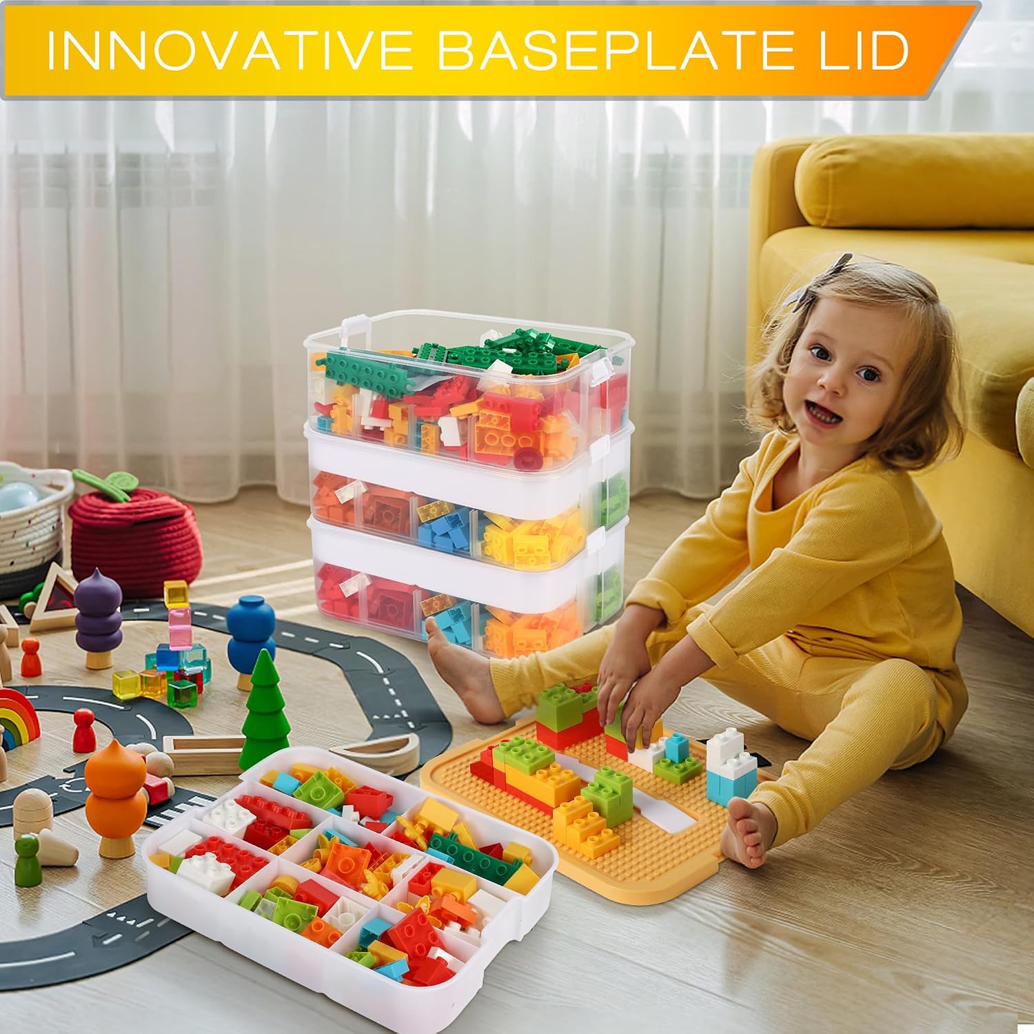 AUCT 17305 - Kids Toy Organizer for Lego Stackable Storage Compartments Bins With Base Plates Lids 3 Ti - Image 3