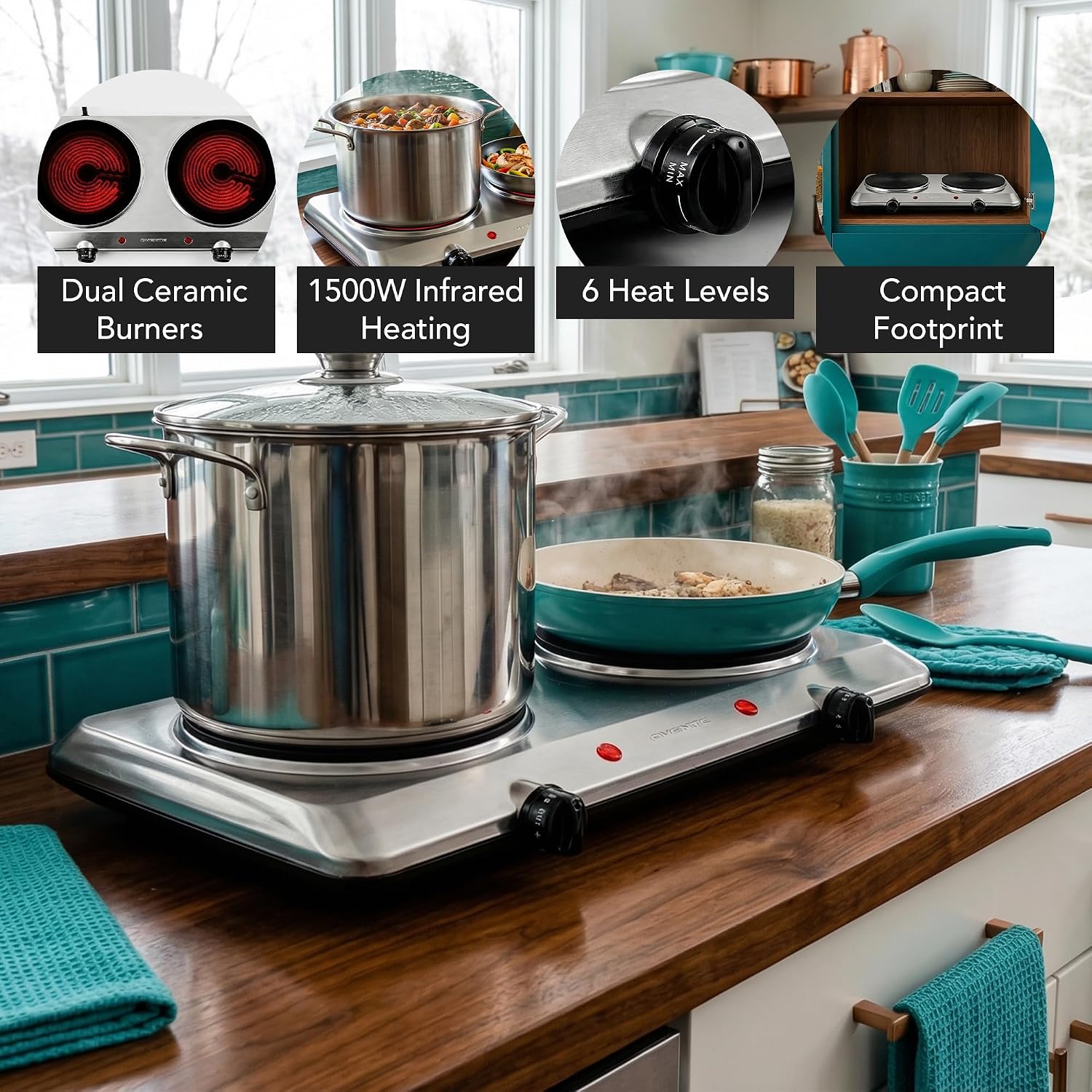 AUCT 16359 - $55 OVENTE Countertop Infrared Double Burner, 1500W Electric Hot Plate and Portable Stove - Image 2