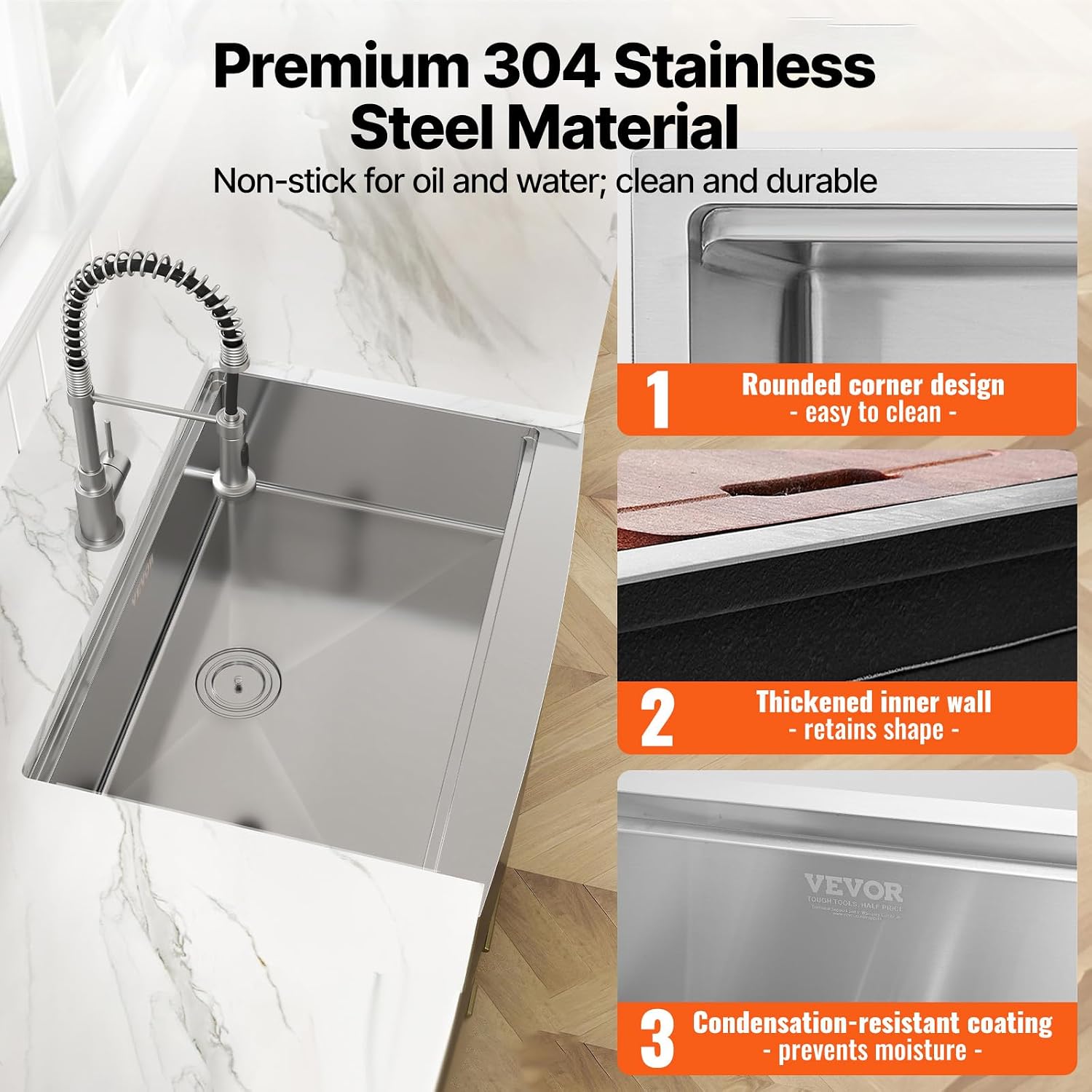 AUCT 16569 - $227 VEVOR 33 inch Farmhouse Kitchen Sink, 304 Stainless Steel Sink, Top Mount Single Bowl - Image 4
