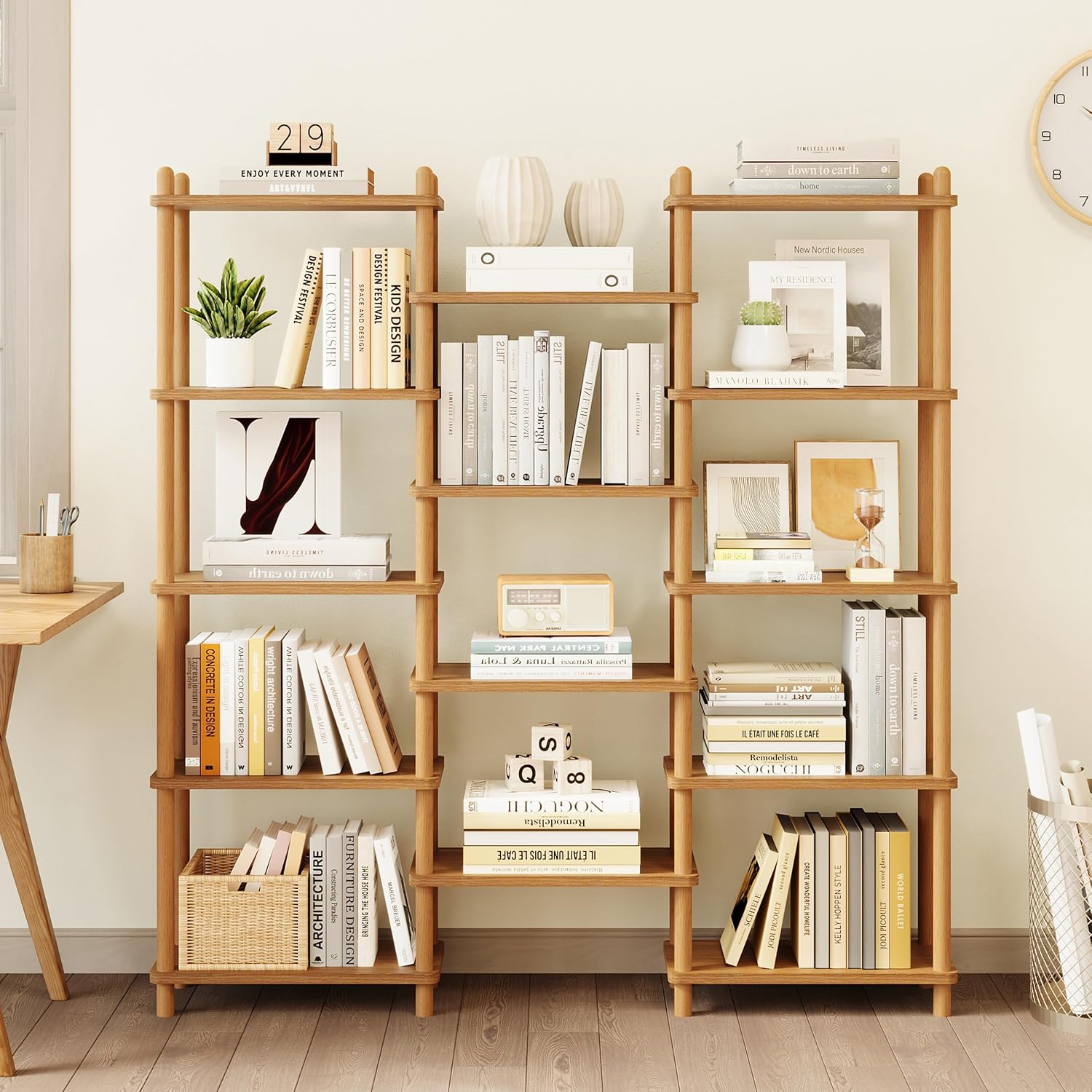 AUCT 17300 - $170 IOTXY Wooden Triple Wide Bookshelf, 5-Tier Large Open Bookcase, Oak | Beech Wood Fram - Image 3