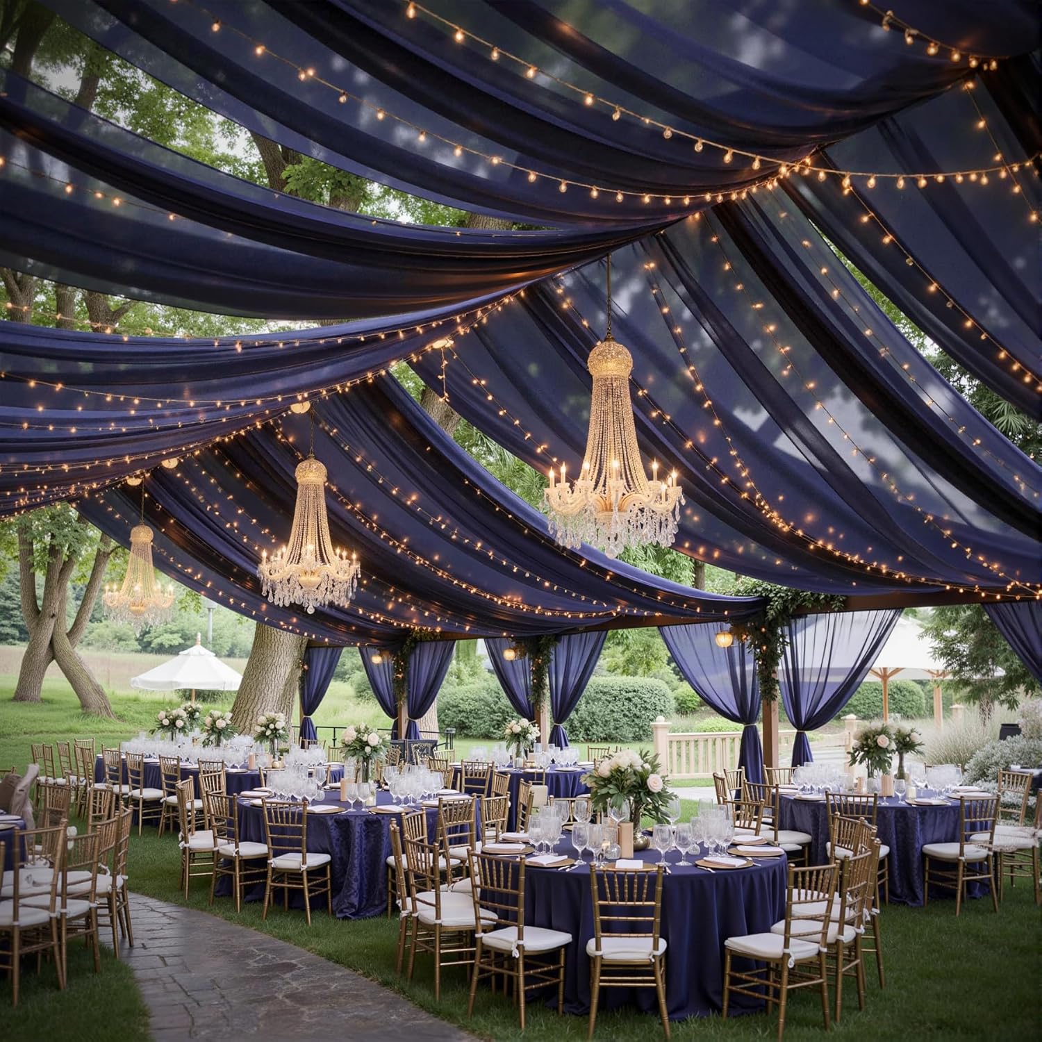 AUCT 14494 - $131 6 Panels Navy Blue Ceiling Drapes with Lights for Weddi - Image 3