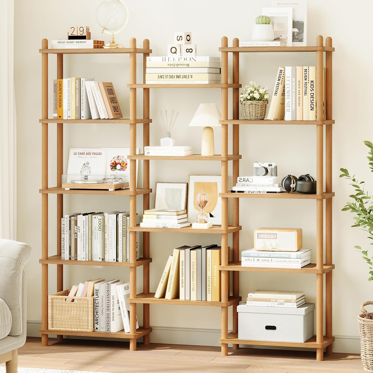 AUCT 17300 - $170 IOTXY Wooden Triple Wide Bookshelf, 5-Tier Large Open Bookcase, Oak | Beech Wood Fram