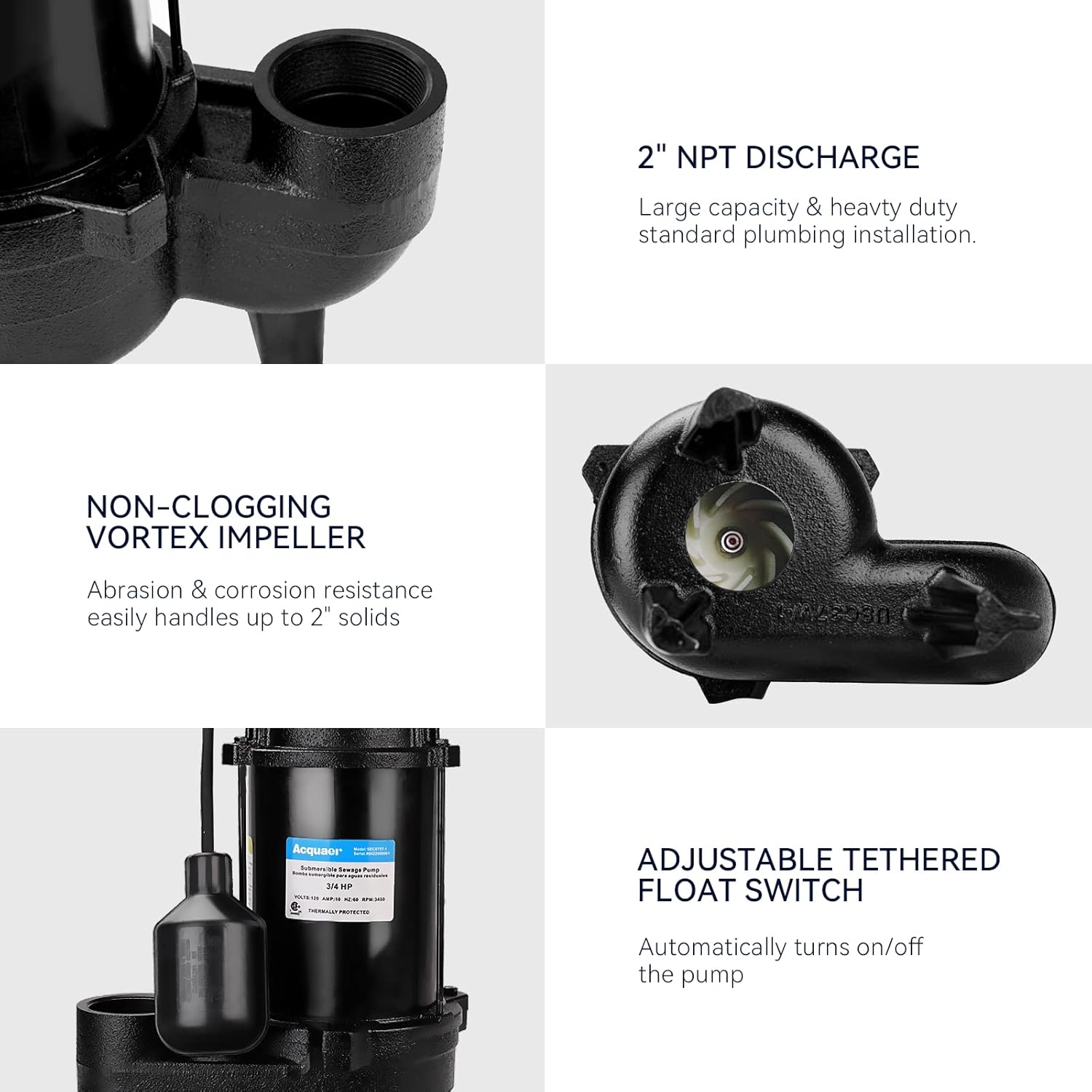 AUCT 16823 - $170 Acquaer 3/4HP Submersible Sewage Effluent Pump, Cast Iron, 115V 6400 GPH Automatic Te - Image 4