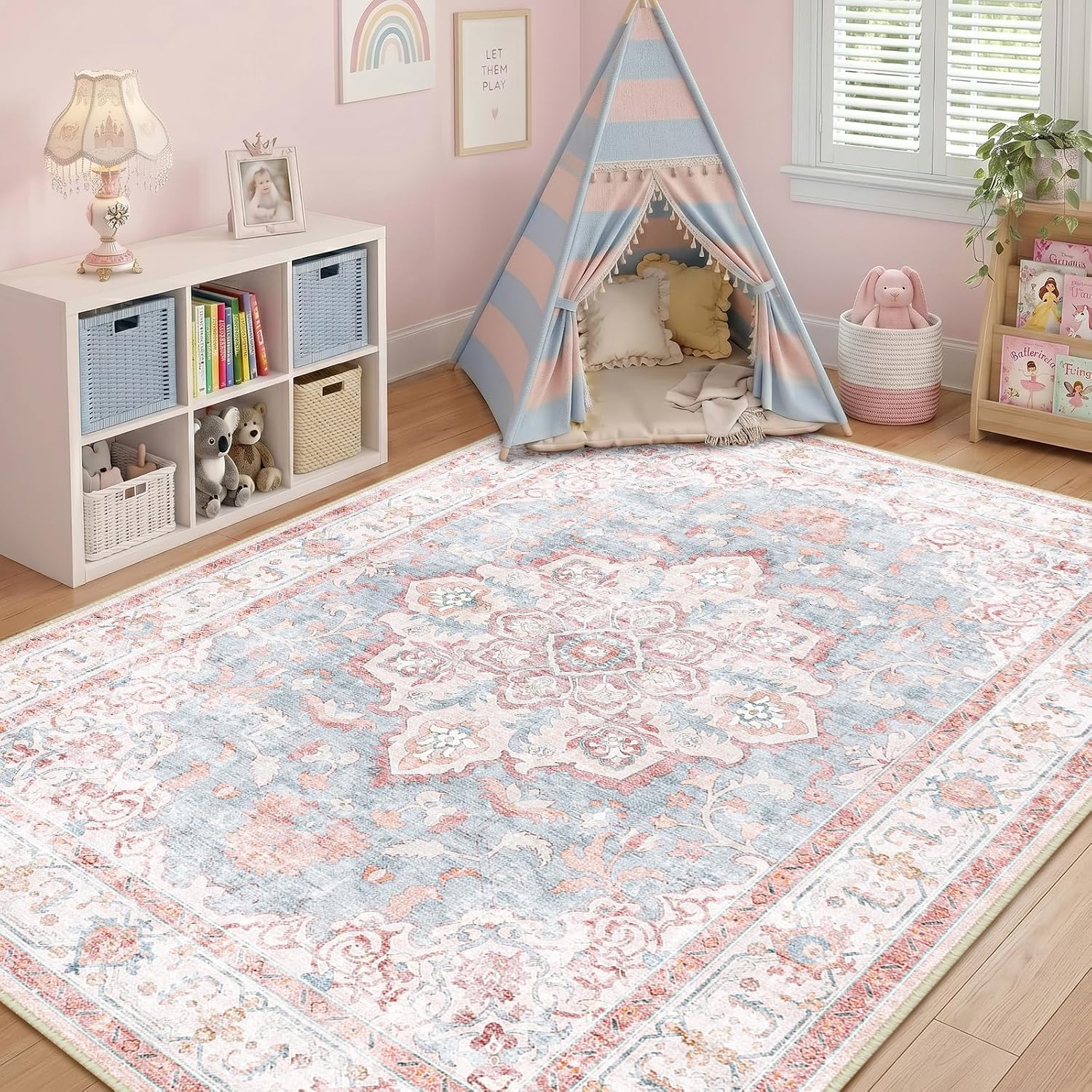 AUCT 17234 - $90 CAPALOCA 6x9 Washable Nursery Girls Low Pile Area Rug Pink Blue | Non-Slip Soft Rugs f - Image 2