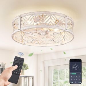 AUCT 17336 - $70 LEDIARY 20" Caged Ceiling Fan with Light and Remote, Small Fandalier, White | Flush Mo