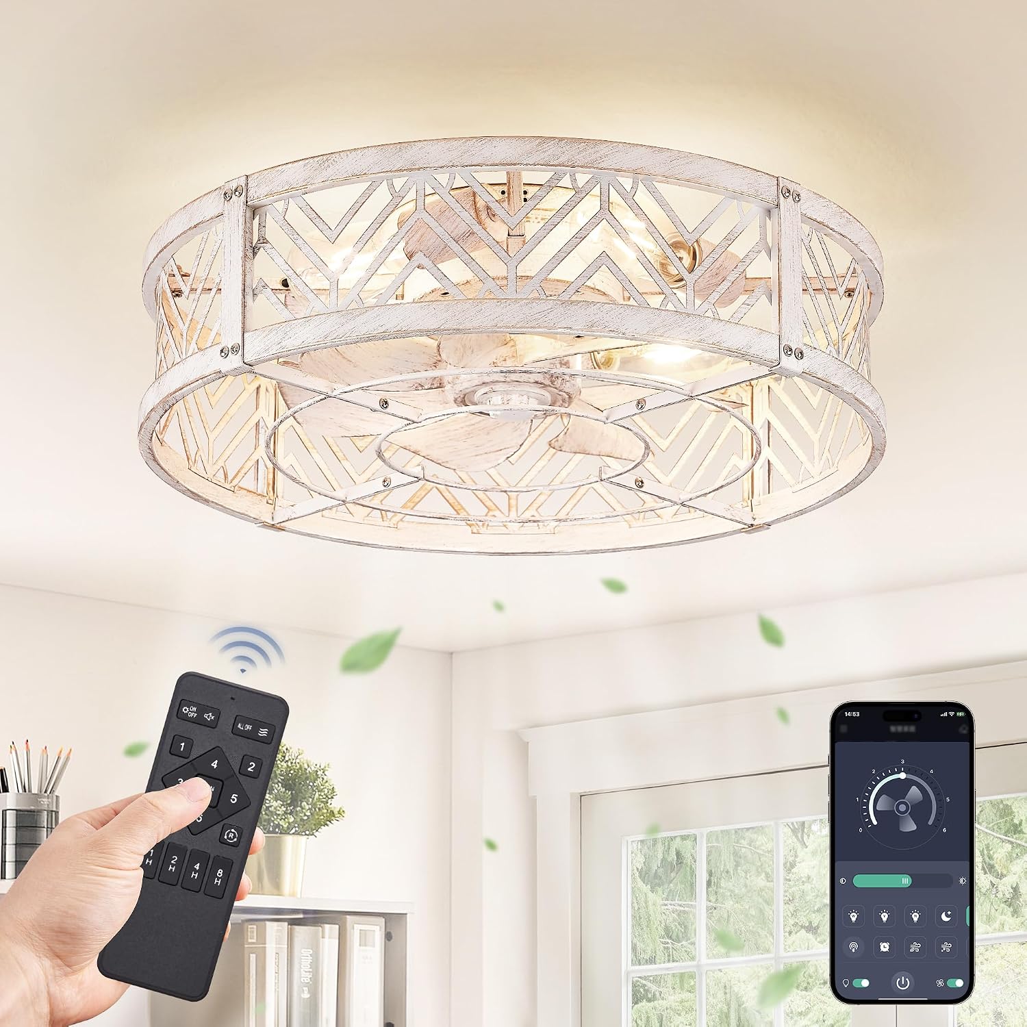 AUCT 17336 - $70 LEDIARY 20" Caged Ceiling Fan with Light and Remote, Small Fandalier, White | Flush Mo