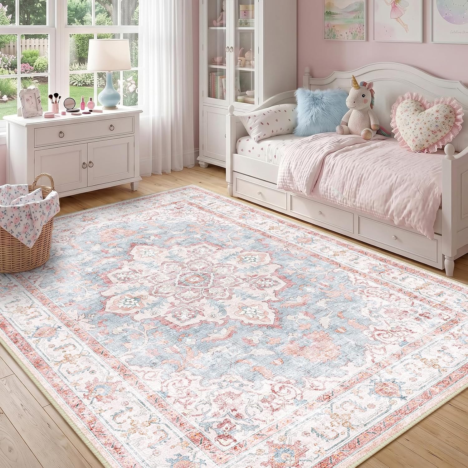 AUCT 17234 - $90 CAPALOCA 6x9 Washable Nursery Girls Low Pile Area Rug Pink Blue | Non-Slip Soft Rugs f - Image 3