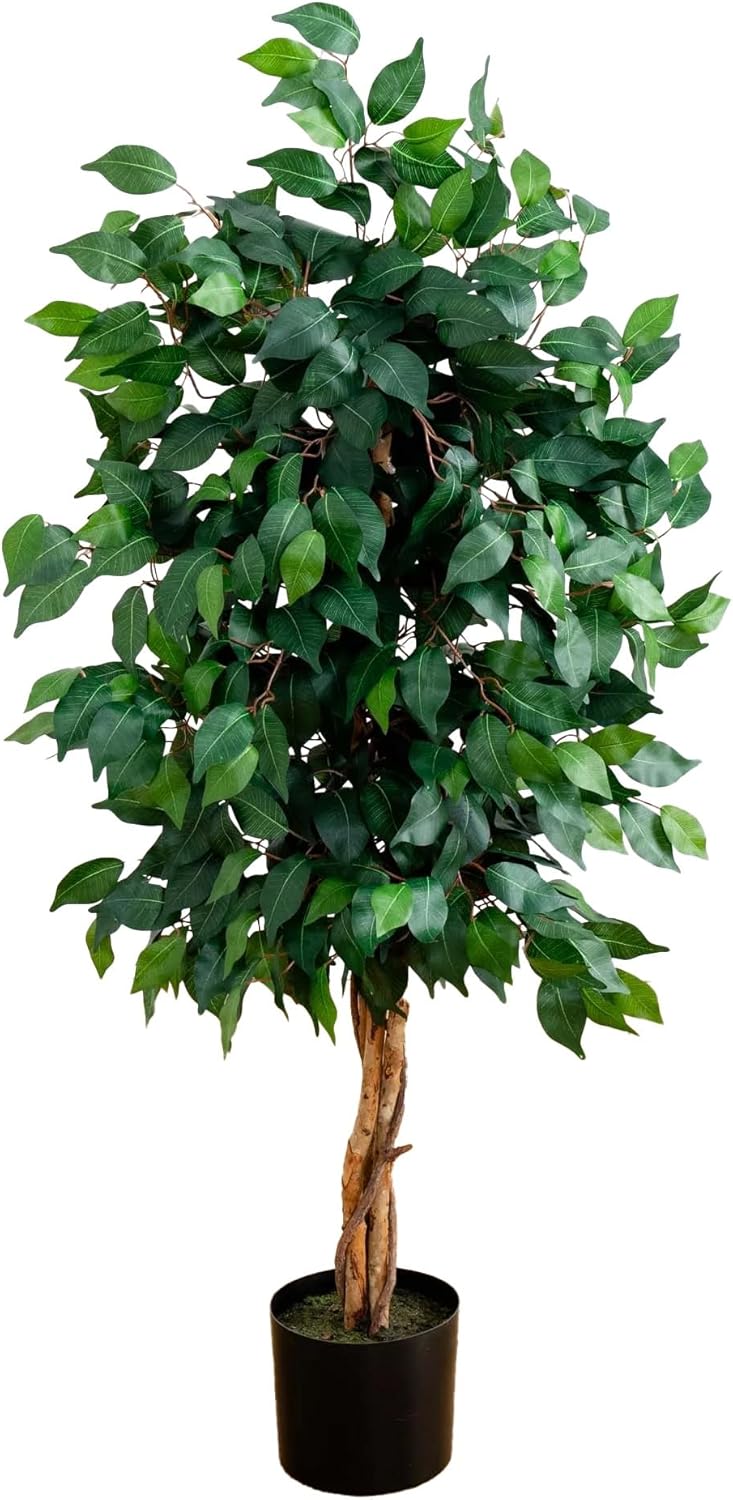 AUCT 15667 - Nearly Natural 4ft Triple Trunk Ficus Silk Tree with Natural Wood Trunks and Dense Foliage