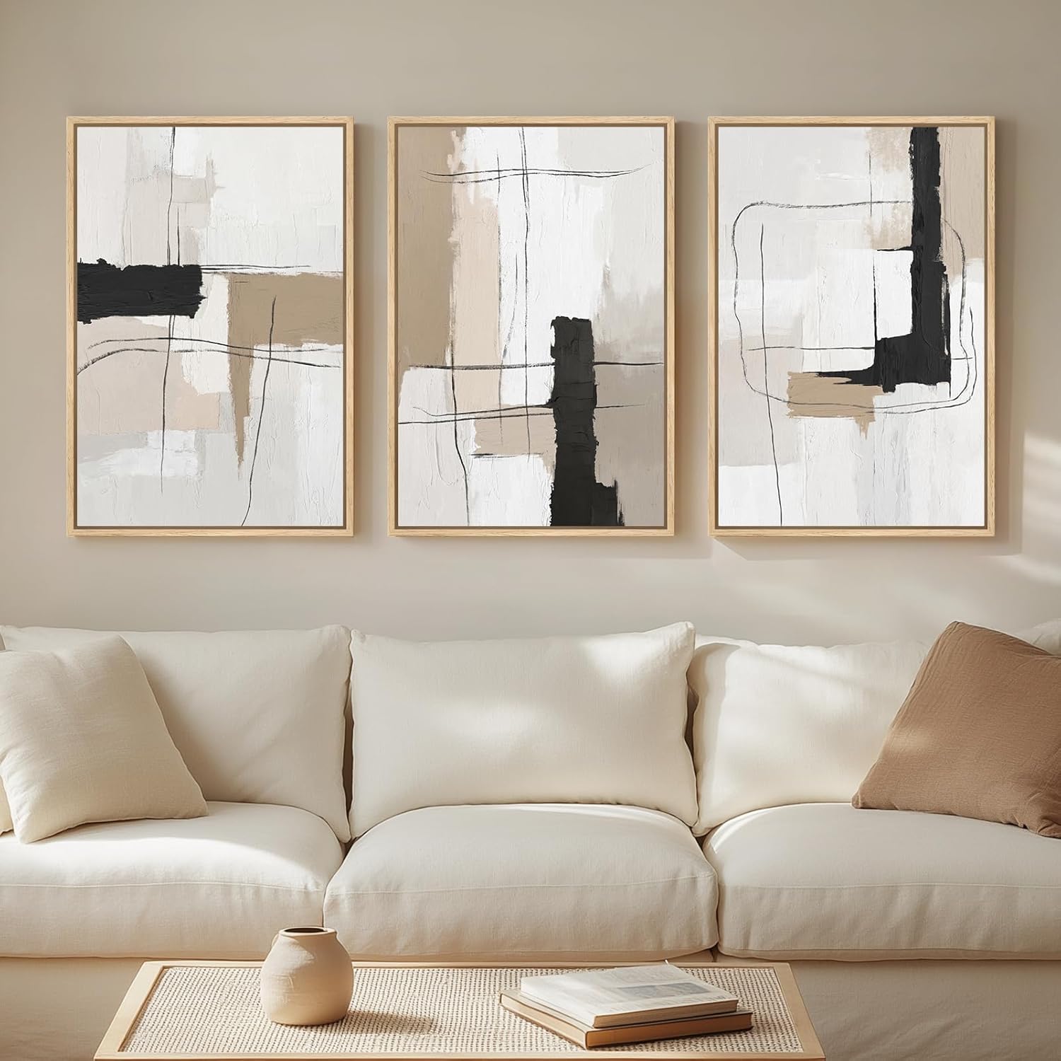 AUCT 16110 - $80 Framed Neutral Abstract Wall Art Set of 3, Modern Black and White Beige Canvas Prints