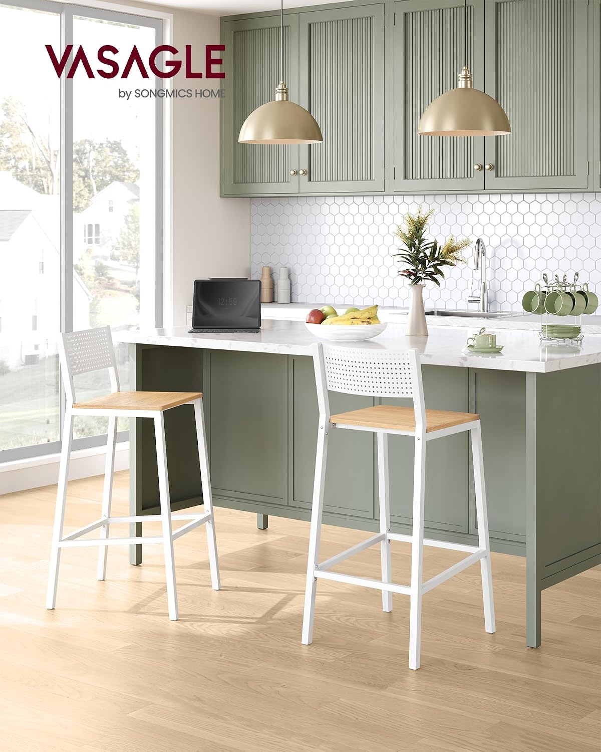 AUCT 16404 - VASAGLE Bar Stool Set of 2, Bar Chairs for Kitchen, Dining Room, Industrial, Oak Beige and - Image 2