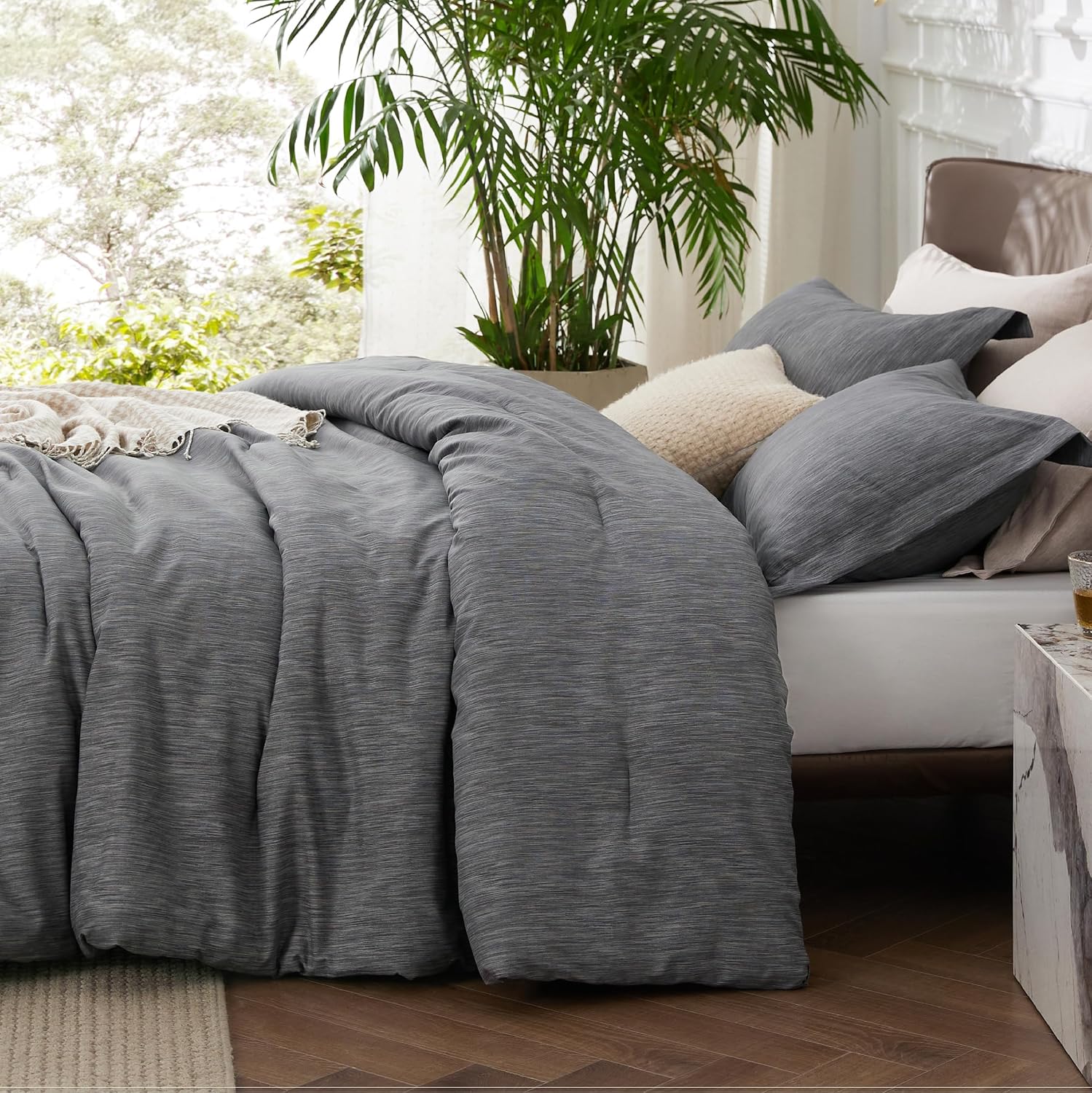 AUCT 14537 - $58 Bedsure King Size Comforter Set - Charcoal Grey Soft Bed - Image 2