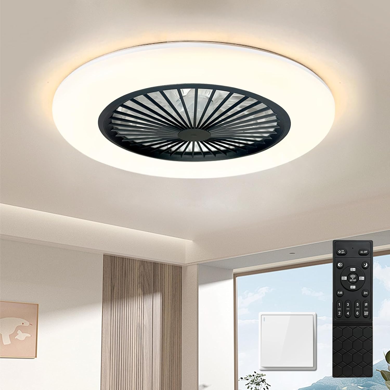 AUCT 17334 - Ceiling Fans with Lights and Remote,Dimmable LED Modern Bedroom Fan lamp,Low Profile Ceili