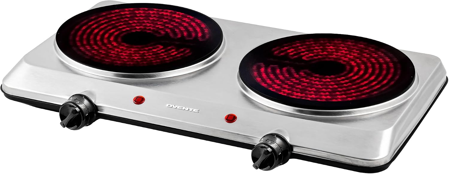 AUCT 16359 - $55 OVENTE Countertop Infrared Double Burner, 1500W Electric Hot Plate and Portable Stove