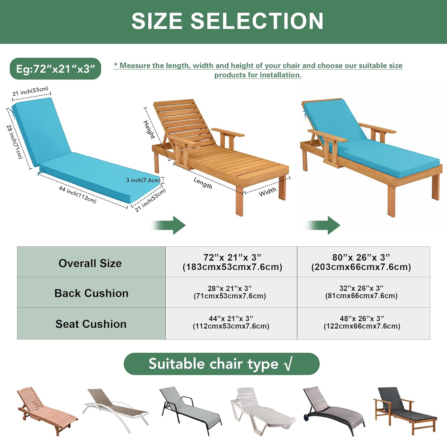 AUCT 17339 - $110 Summsun Chaise Lounge Cushions Outdoor Set of 2, 72 x 21 x 3 Inch, Teal | Sun Lounger - Image 3