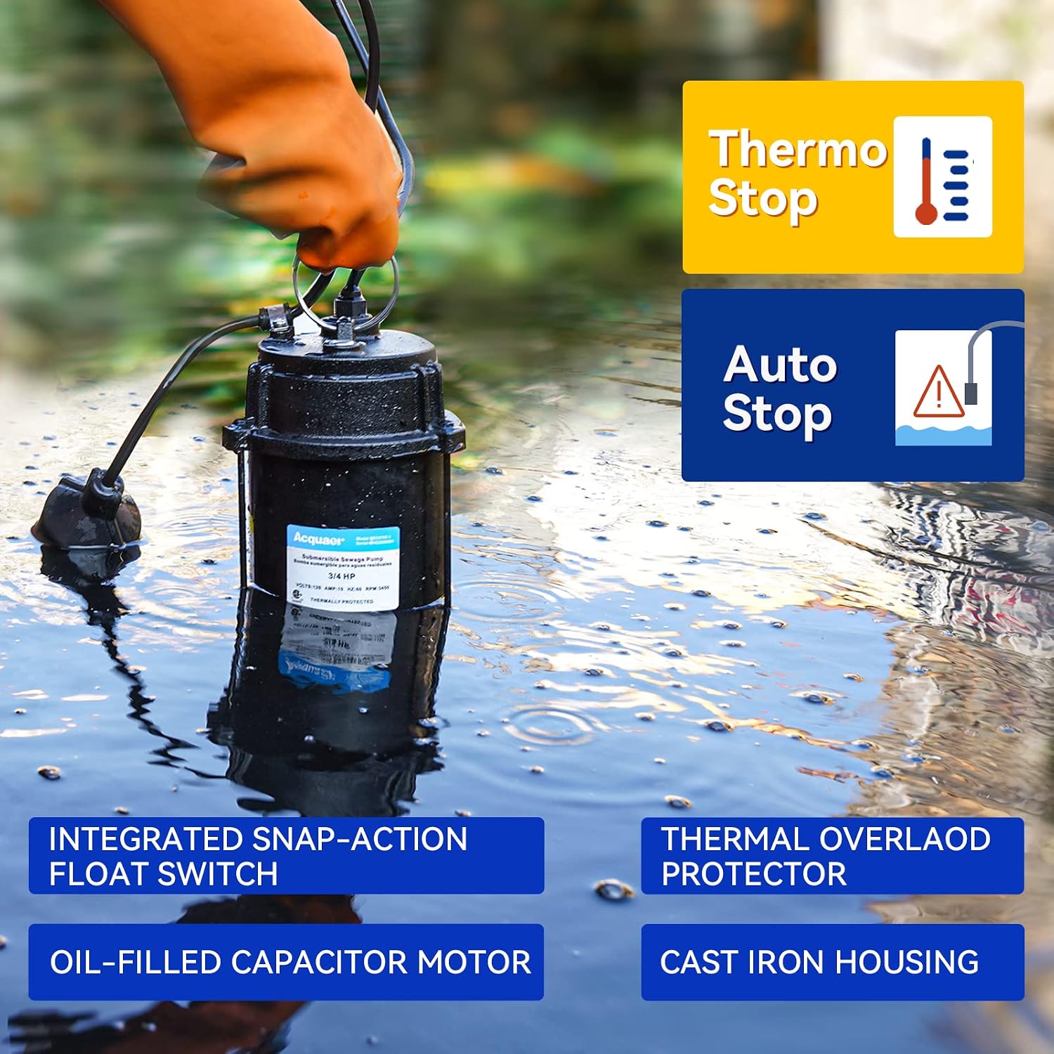 AUCT 16823 - $170 Acquaer 3/4HP Submersible Sewage Effluent Pump, Cast Iron, 115V 6400 GPH Automatic Te - Image 3