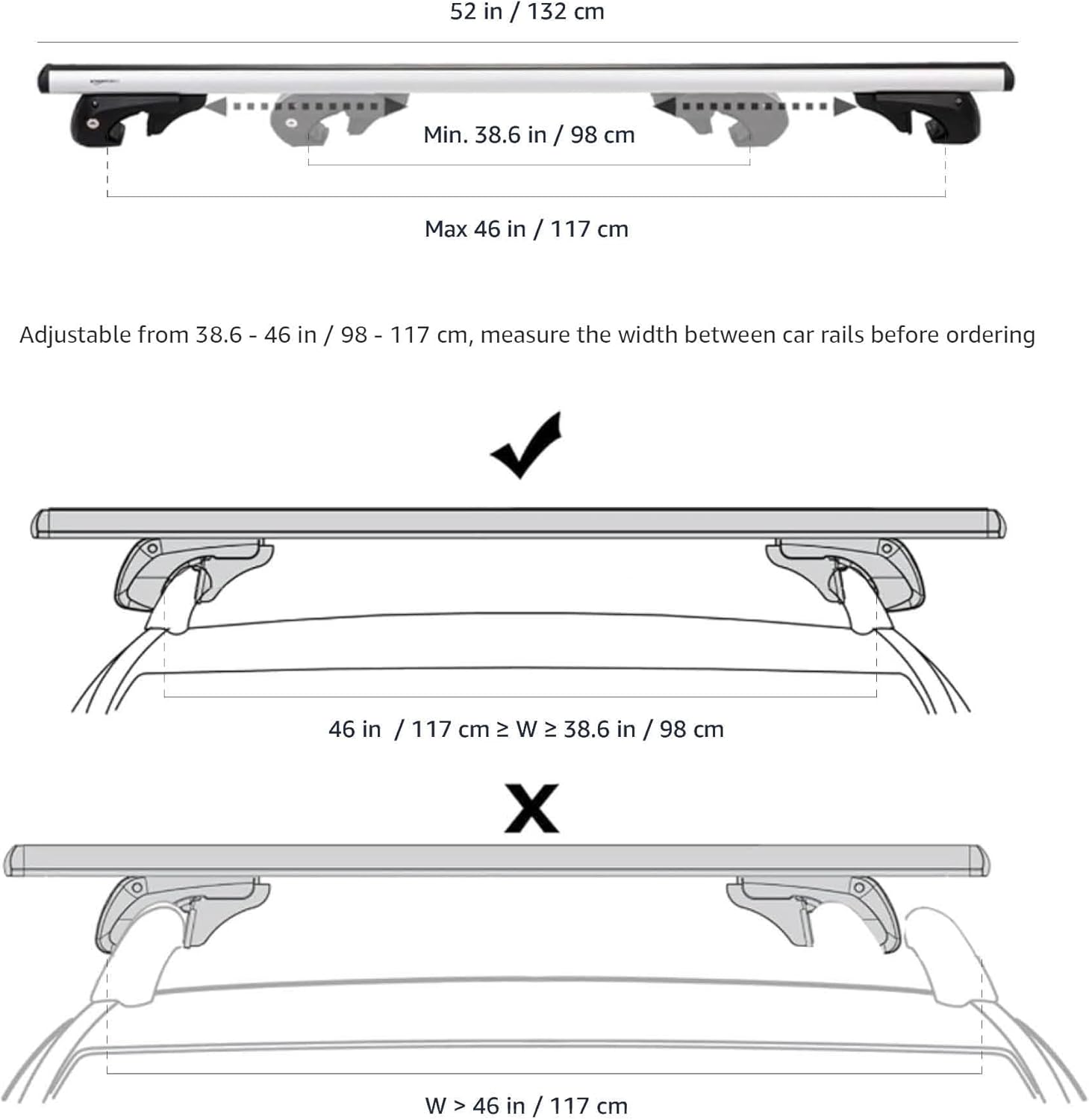 AUCT 16635 - Amazon Basics Cross Rail Roof Rack, 52 inches, Fits up to 46" Spans between Raised Side Ra - Image 2