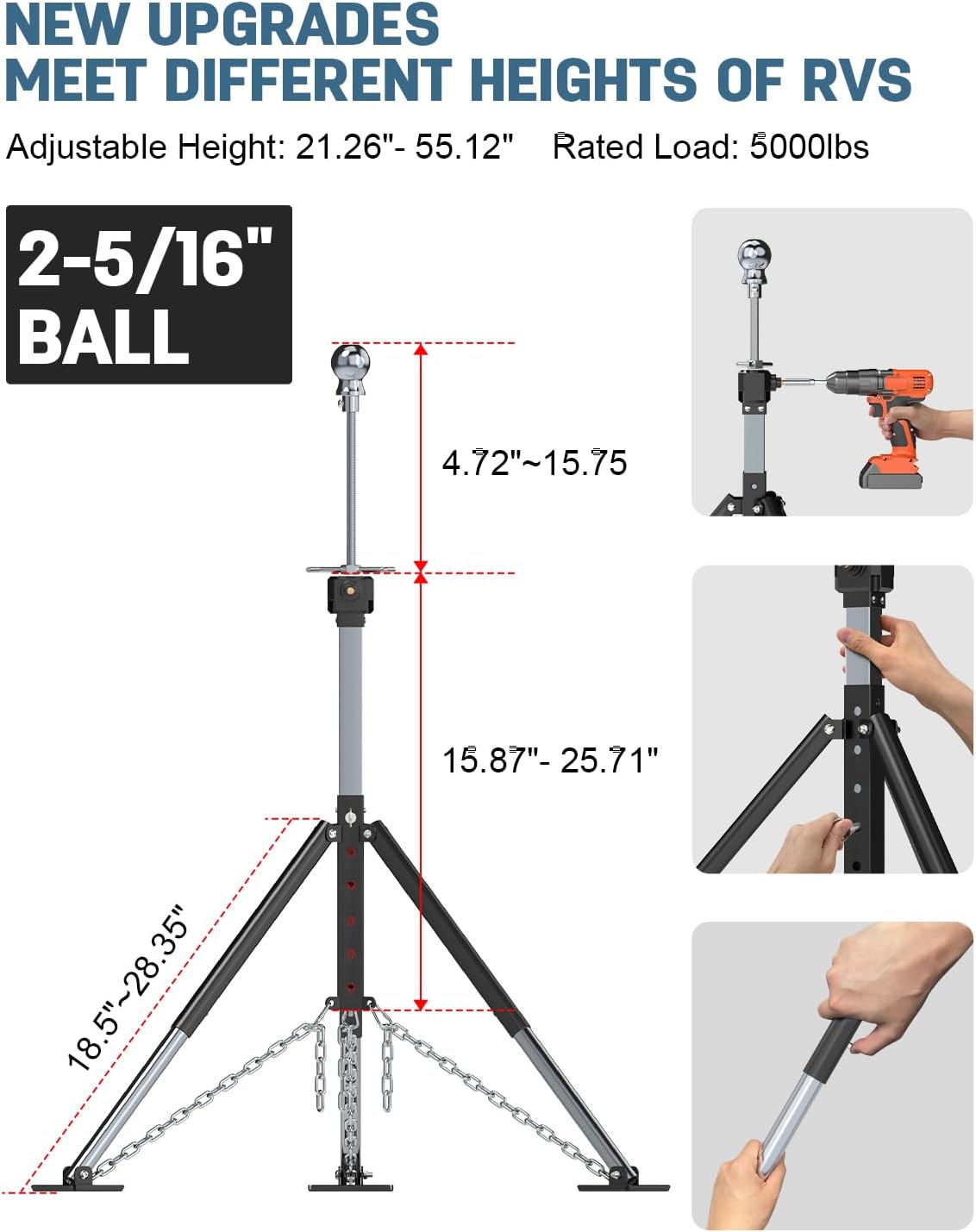 AUCT 16638 - $90 RV 5th Wheel Tripod Stabilizer with 2-5/16"Ball,Extended Allow Drill Adjust | 21"-55" - Image 2