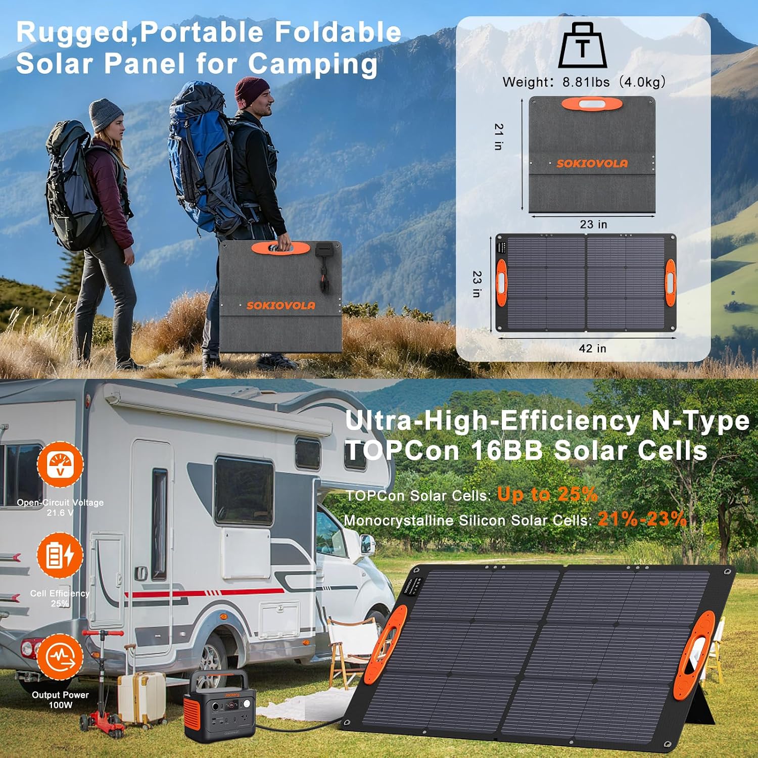 AUCT 14635 - $86 SOKIOVOLA N-Type 16BB 100W Portable Solar Panel 18V ETFE - Image 2