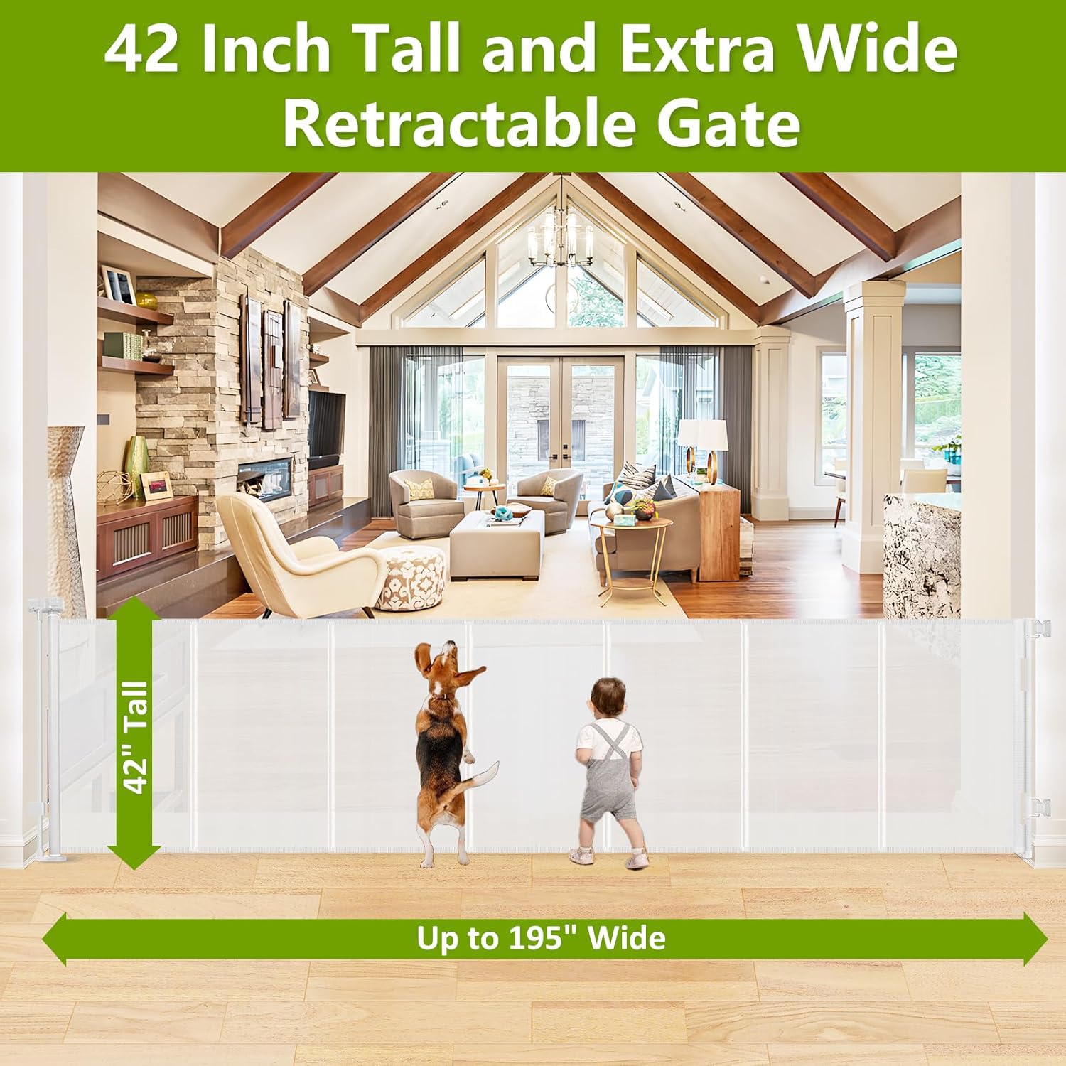 AUCT 16810 - $129 Reinforced 42" Tall x 195" Extra Wide Retractable Baby Gate with Support Rods - Preve - Image 3
