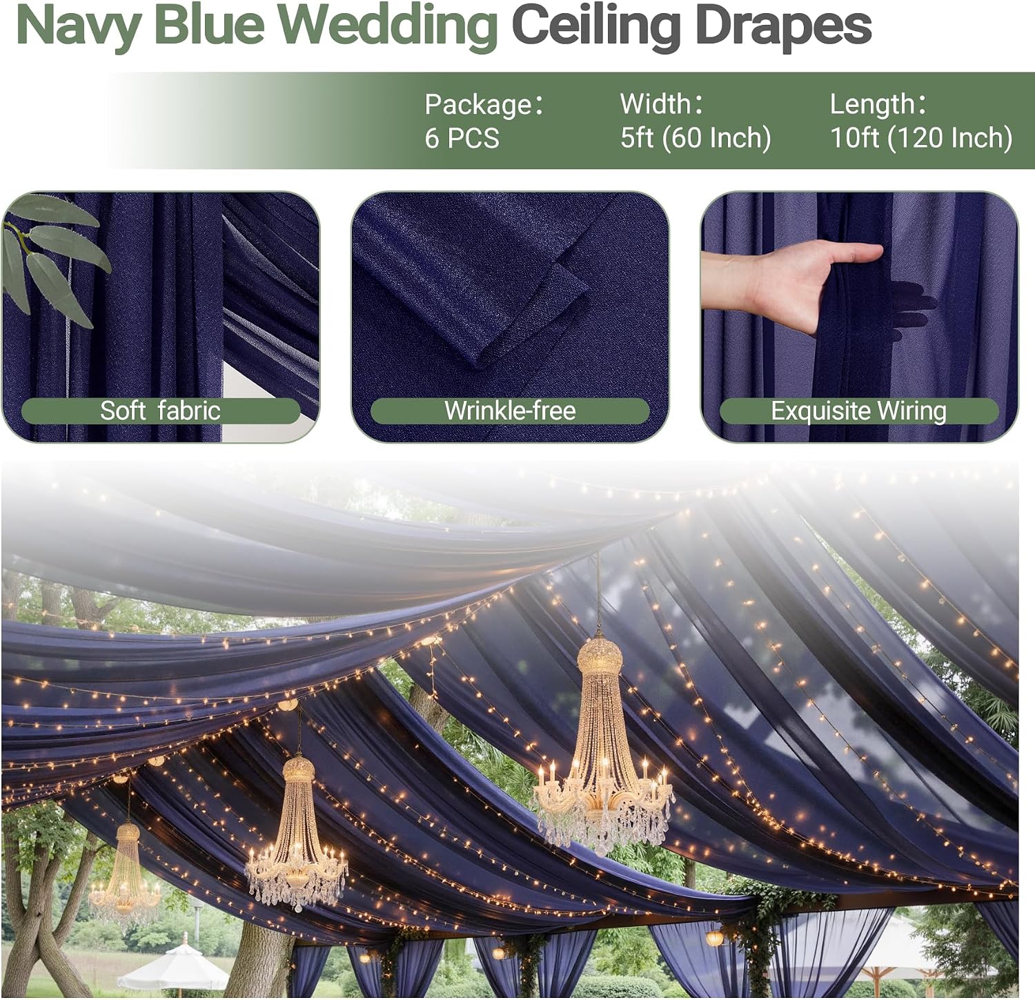 AUCT 14494 - $131 6 Panels Navy Blue Ceiling Drapes with Lights for Weddi - Image 4
