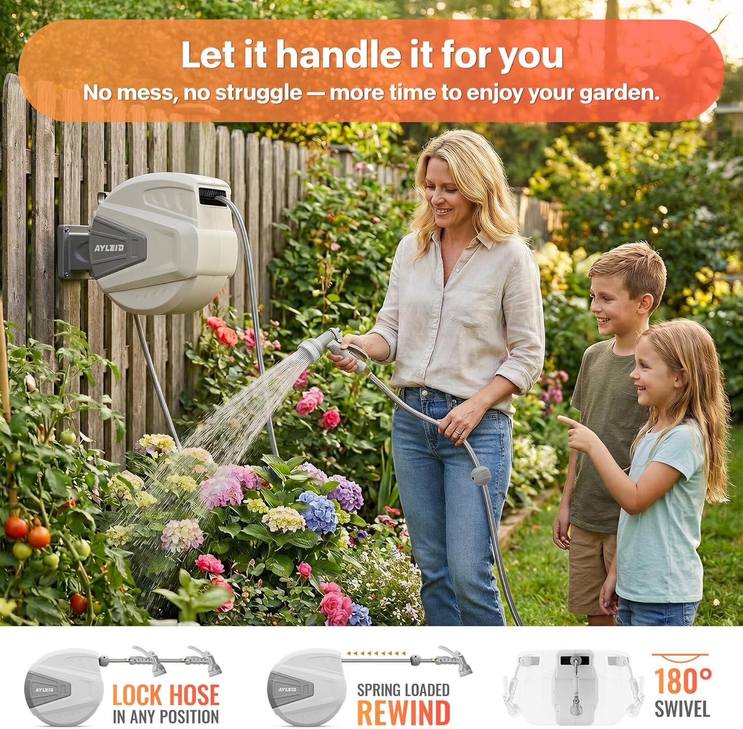 AUCT 15653 - $130 Ayleid Retractable Rubber Hybrid Garden Hose Reel, 1/2"x100ft Wall Mount | Anti-freez - Image 3