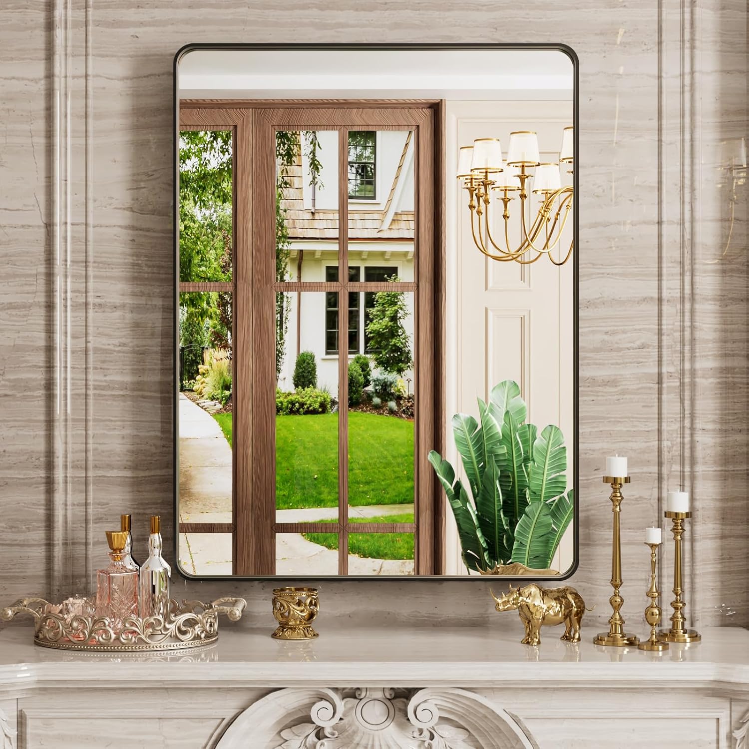 AUCT 14606m - $90 JISOSO Black Bathroom Mirror, 20x30 Inch Rounded Rectang - Image 2