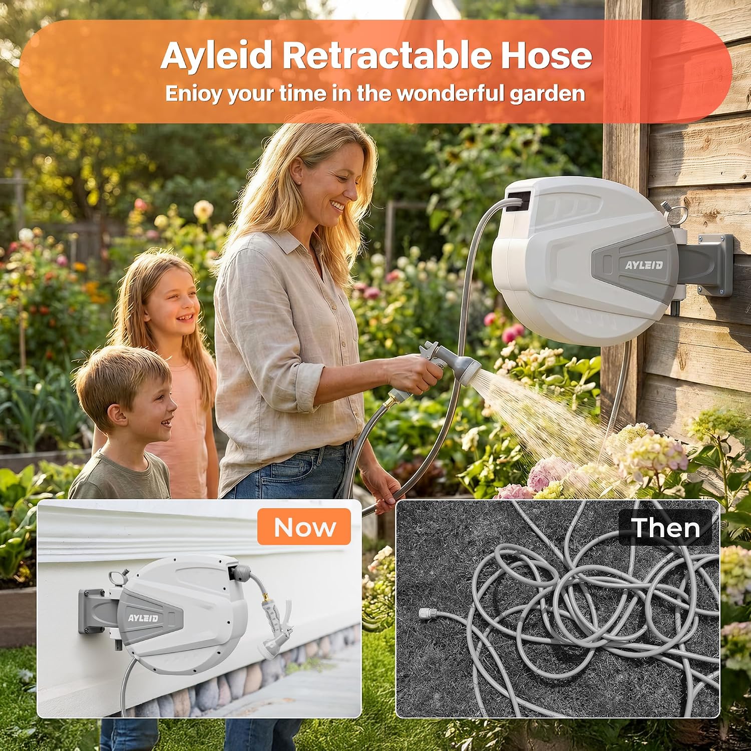 AUCT 15653 - $130 Ayleid Retractable Rubber Hybrid Garden Hose Reel, 1/2"x100ft Wall Mount | Anti-freez - Image 2