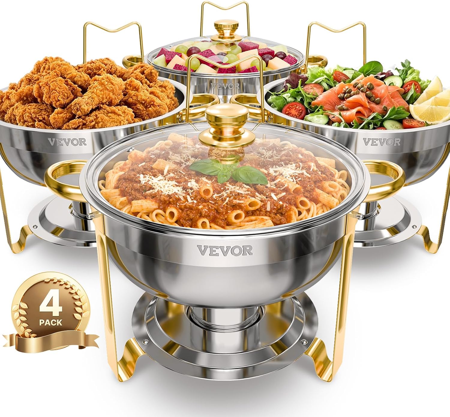 AUCT 15730 - $113 VEVOR Chafing Dish Buffet Set, 5 Qt 4 Pack, Stainless Steel Chafer with 4 Full Size P