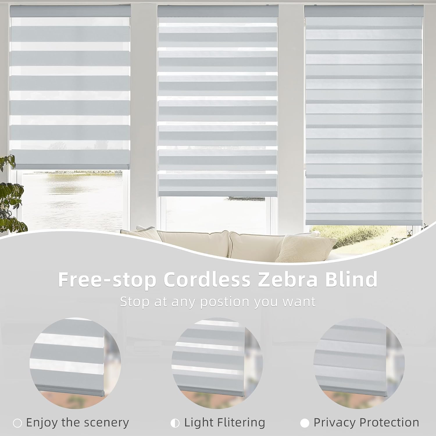 AUCT 16100 - $60 ChrisDowa Cordless Zebra Blinds for Windows, Dual Layer Free-Stop Light Filtering Wind - Image 3