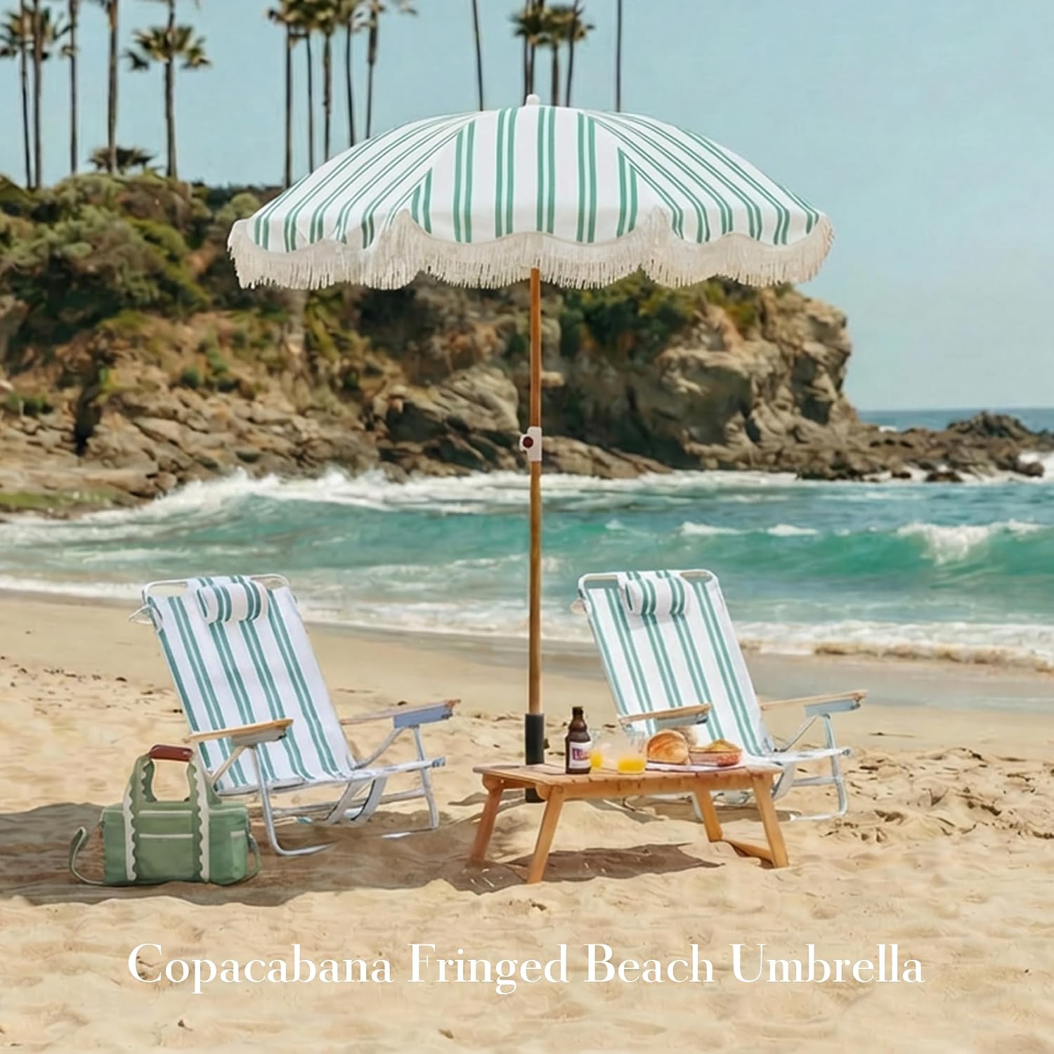 AUCT 16216 - $90 6FT Stripe Fringe Beach Umbrella for Sand with Sand Anchor, UPF 50+ Sun Shade with Tas - Image 2