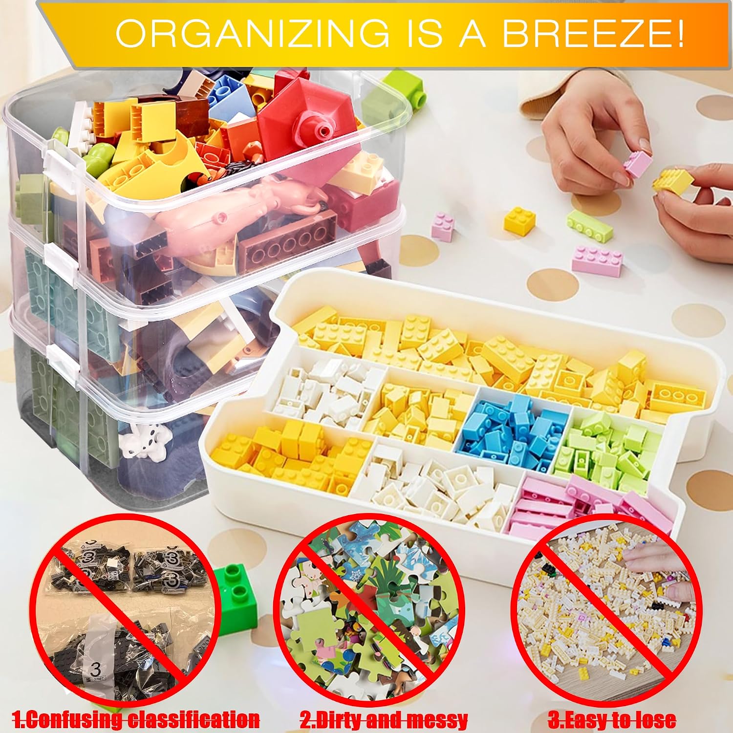 AUCT 17305 - Kids Toy Organizer for Lego Stackable Storage Compartments Bins With Base Plates Lids 3 Ti - Image 2